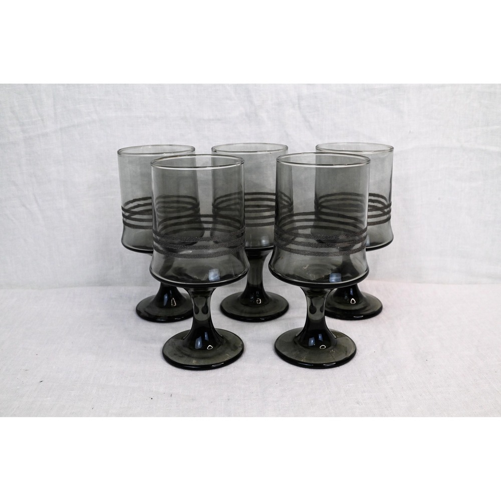 Vintage MCM Smoke Gray Libbey Wine Glasses Set of 5 Striped 11oz Barware